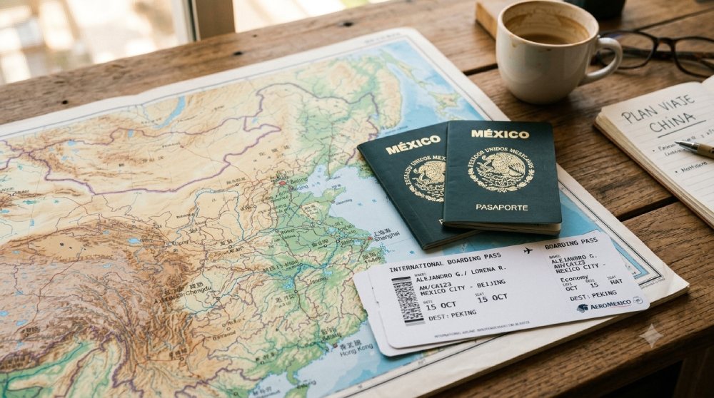 Mesa con mapa de China y pasaportes mexicanos